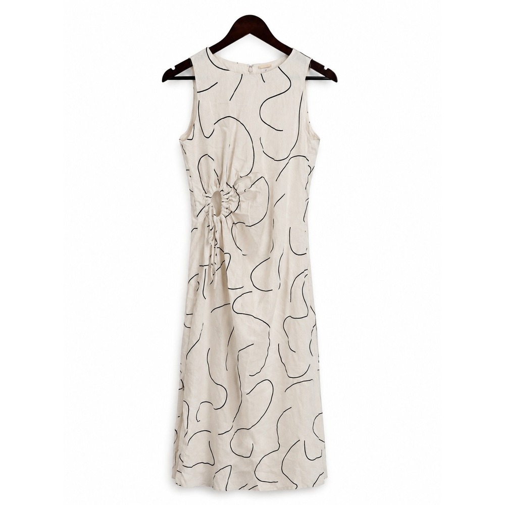 Magaschoni Linen Maxi Dress Womens 8 Cream Black Abstract Side Cutout EUC
